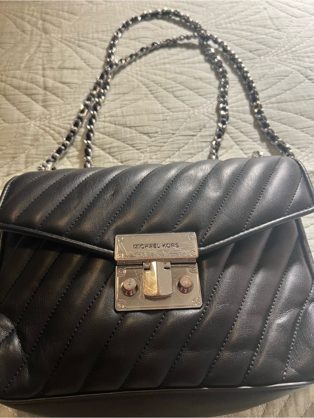 Michael Kors Black Quilted Leather Shoulder Bag with Silver Chain